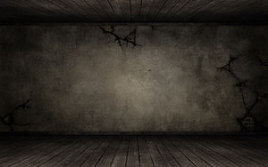 Dark Cracked Concrete Wall with Wooden Floor and Ceiling in a Dimly Lit Room HD wallpaper