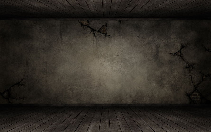 Dark Cracked Concrete Wall with Wooden Floor and Ceiling in a Dimly Lit Room HD wallpaper
