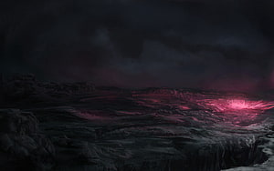 Alien Planet Surface with Glowing Crater Under Dark Stormy Sky HD wallpaper