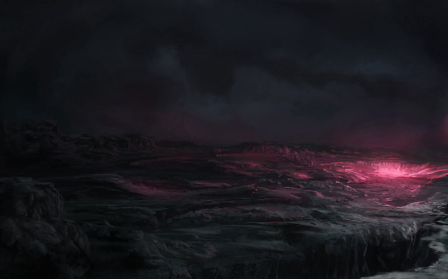 Alien Planet Surface with Glowing Crater Under Dark Stormy Sky HD wallpaper