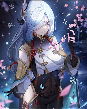 Shenhe from Genshin Impact holding cherry blossom branch in elegant traditional outfit HD phone wallpaper