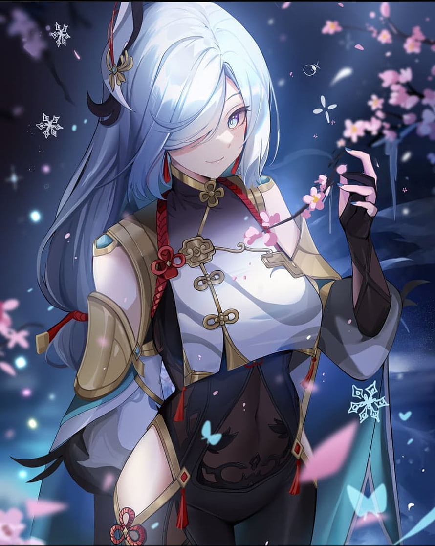 Shenhe from Genshin Impact holding cherry blossom branch in elegant traditional outfit HD phone wallpaper