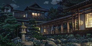 Kimi no Na wa Traditional Japanese House at Night with Stone Lantern and Garden HD wallpaper