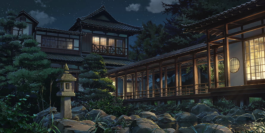 Kimi no Na wa Traditional Japanese House at Night with Stone Lantern and Garden HD wallpaper