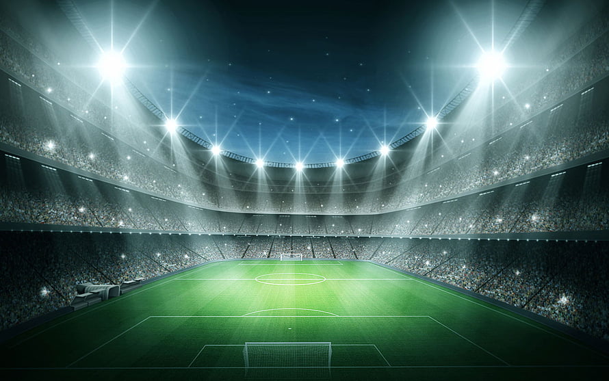 Illuminated Soccer Stadium at Night with Bright Floodlights and Full Crowd HD wallpaper