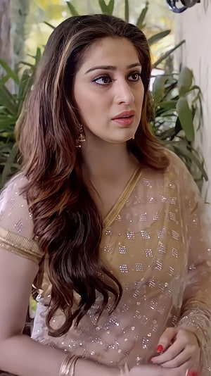 Lakshmi Rai in an elegant gold embroidered saree with long wavy hair and traditional jewelry HD phone wallpaper