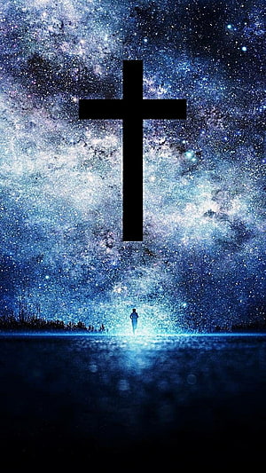 Silhouette of a person beneath a large black cross against a starry night sky and glowing horizon HD phone wallpaper