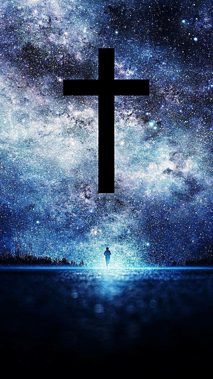 Silhouette of a person beneath a large black cross against a starry night sky and glowing horizon HD phone wallpaper