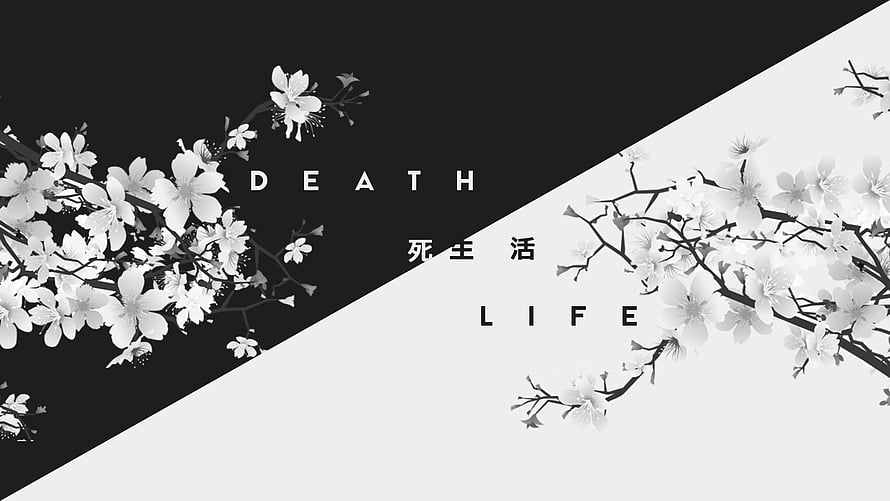 Monochrome Cherry Blossom Branches with Death and Life Typography HD wallpaper