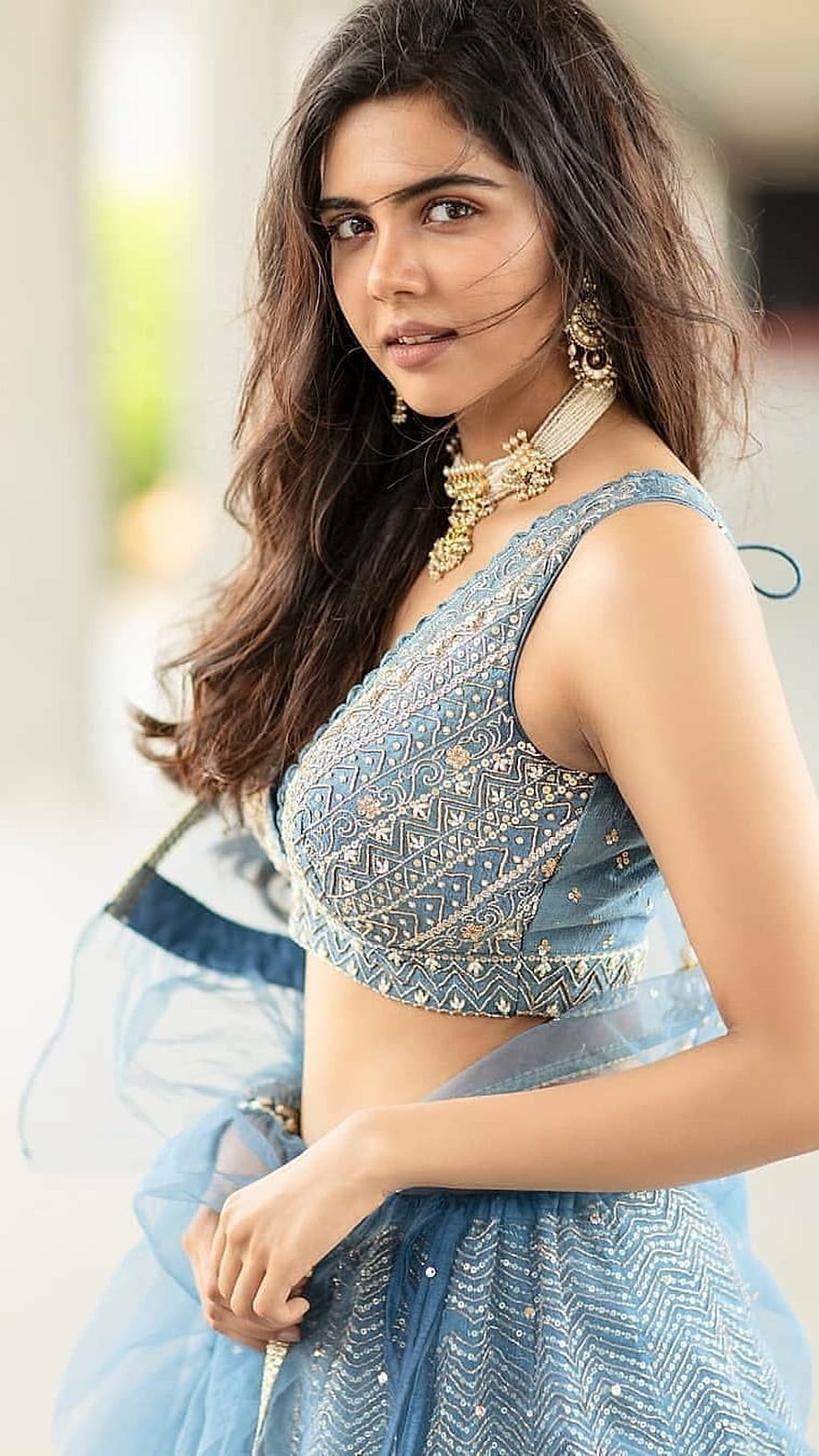 Kalyani Priyadarshan in Blue Embroidered Lehenga with Gold Jewelry HD phone wallpaper