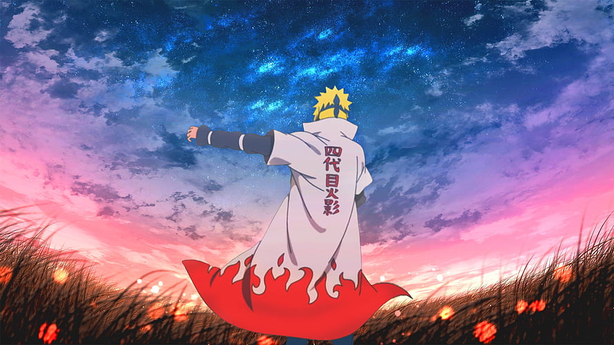 Naruto Uzumaki as Fourth Hokage Standing in Field Under Starry Sky HD wallpaper