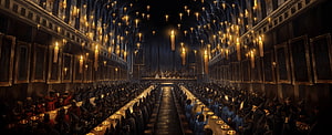 Harry Potter Great Hall Feast with Floating Candles and Hogwarts Houses HD wallpaper