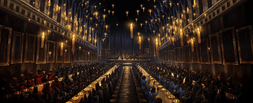Harry Potter Great Hall Feast with Floating Candles and Hogwarts Houses HD wallpaper