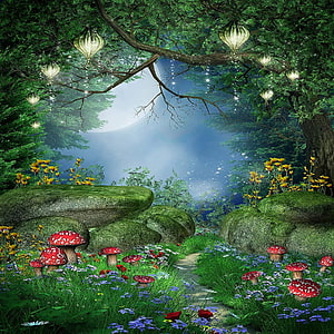 Enchanted Fairy Tale Forest with Glowing Lanterns, Mushrooms, and Moonlit Path HD phone wallpaper