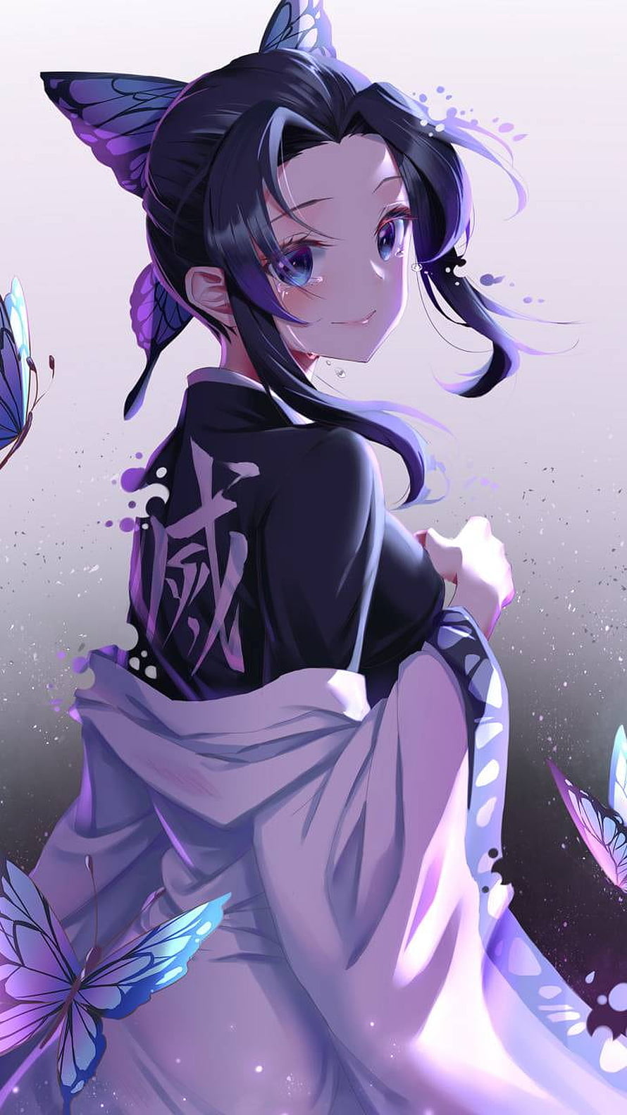 Shinobu Kocho from Demon Slayer in a black haori with butterfly wings and purple accents HD phone wallpaper
