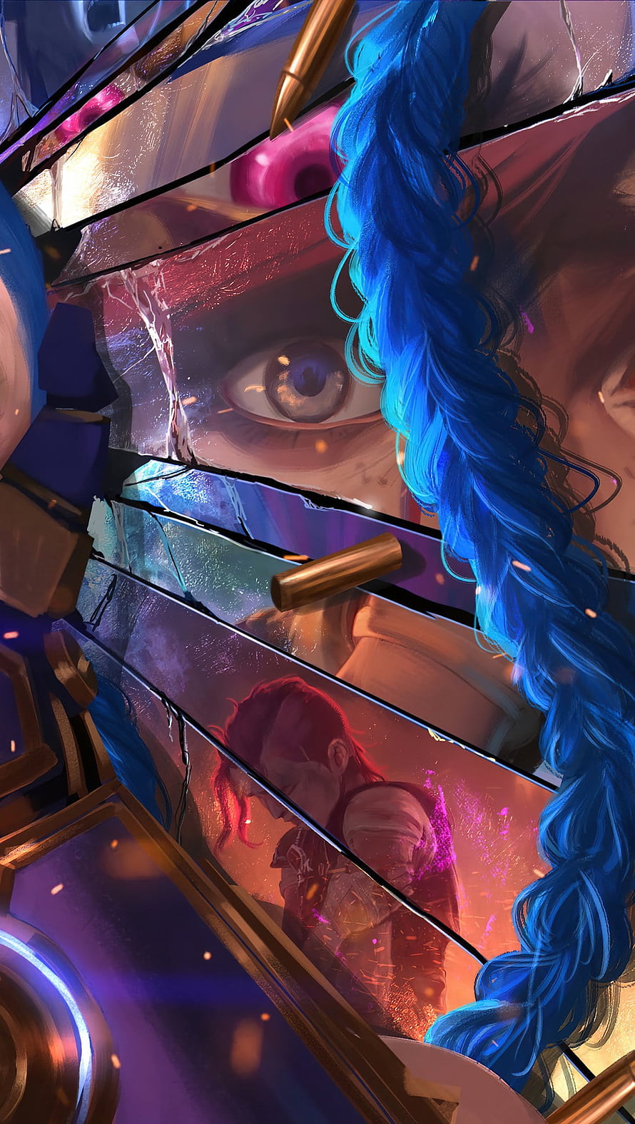 Jinx from Arcane in a shattered mirror reflection with vibrant blue braided hair and neon lighting HD phone wallpaper