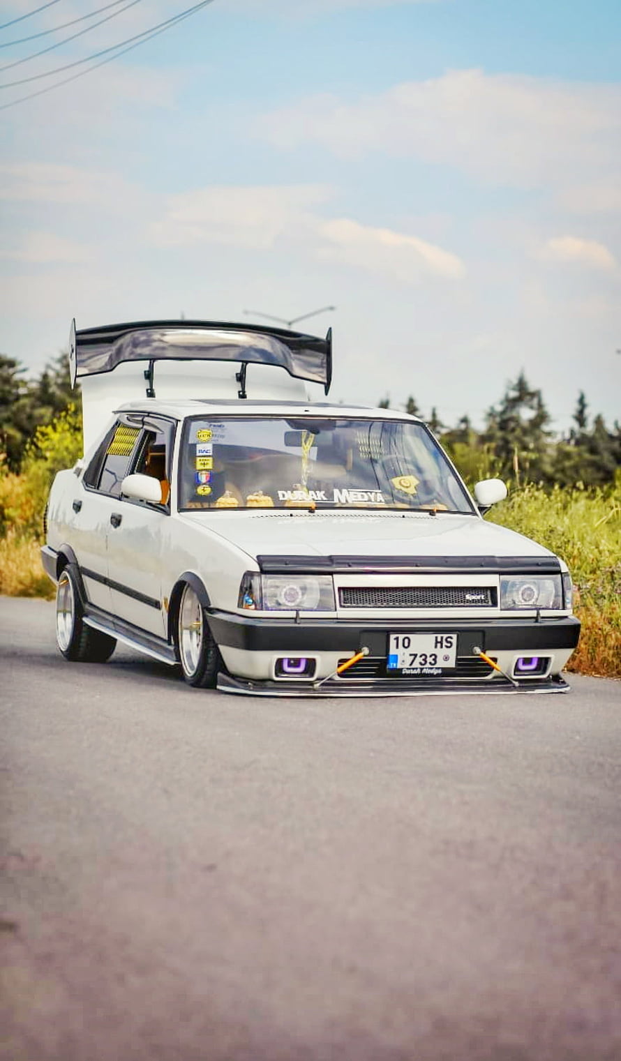White Modified Opel Astra G Stance Build with Large Rear Wing and Purple Fog Lights HD phone wallpaper