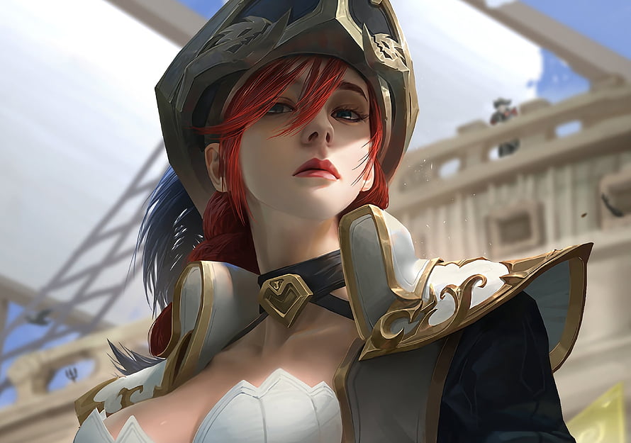 Miss Fortune from League of Legends in ornate white and gold armor with red hair HD wallpaper