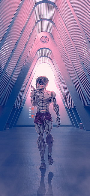 Bulma from Dragon Ball Z standing in a futuristic pink and blue corridor with muscular physique HD phone wallpaper