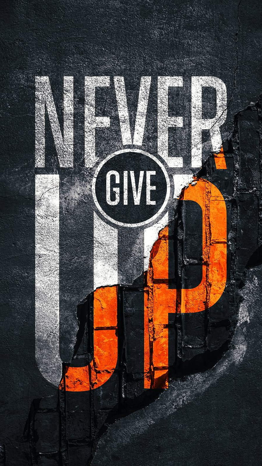 Never Give Up Motivational Quote on Cracked Concrete Wall with Orange and White Typography HD phone wallpaper