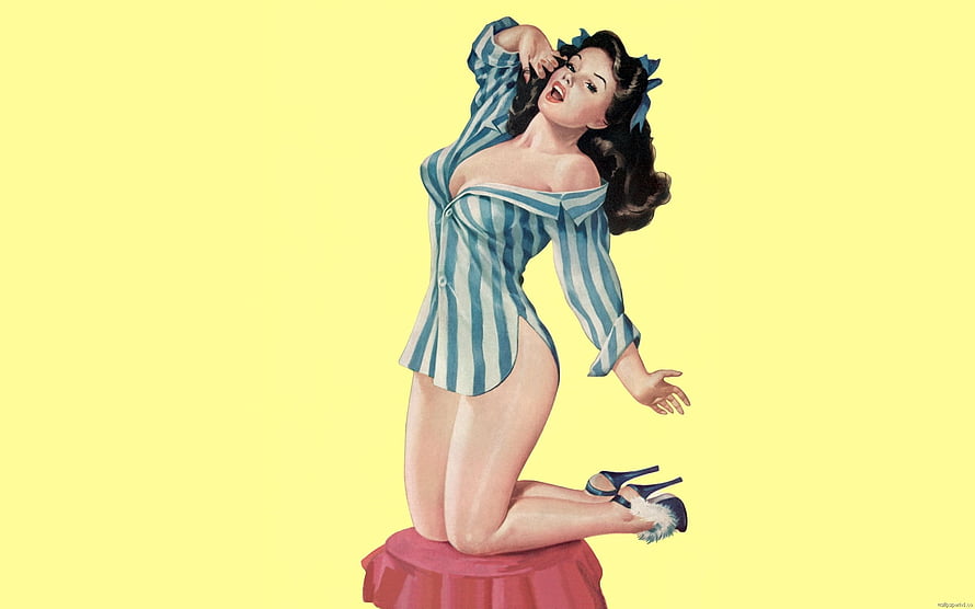 Vintage Pin Up Girl in Striped Shirt Kneeling on Pink Stool HD wallpaper
