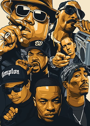 Illustrated collage of iconic hip hop legends including Tupac, Biggie, Snoop Dogg, and Eminem in a stylized graphic art poster HD phone wallpaper