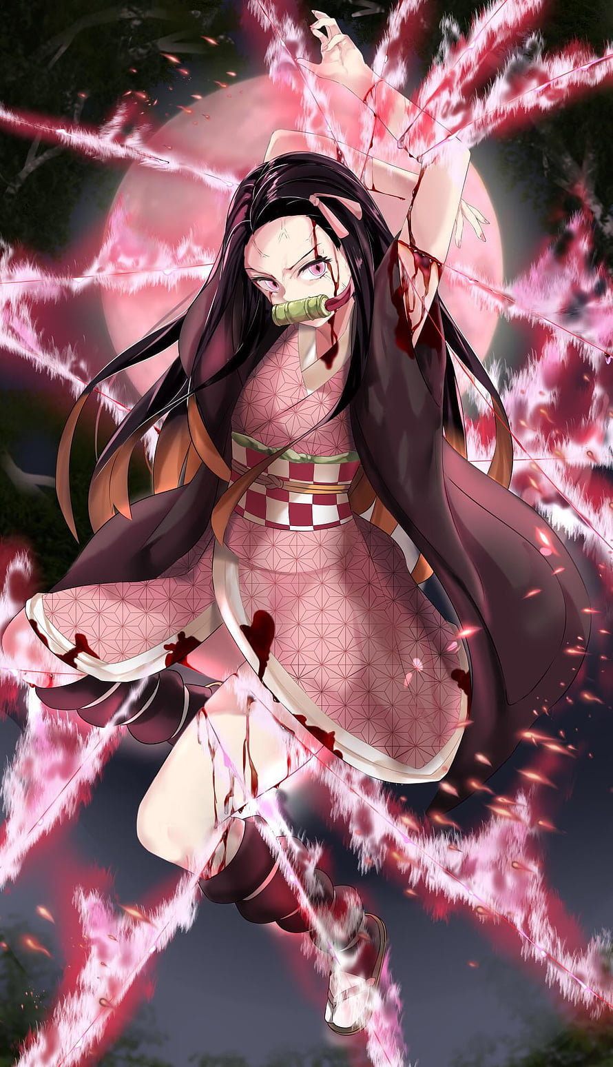 Nezuko Kamado unleashing pink energy threads in dynamic battle pose from Demon Slayer anime HD phone wallpaper