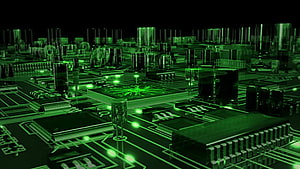 Glowing Green Circuit Board with Microchips and Electronic Components HD wallpaper