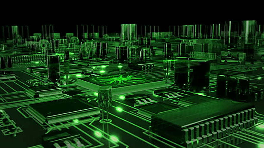 Glowing Green Circuit Board with Microchips and Electronic Components HD wallpaper