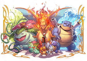 Pokémon Evolution Lineup Featuring Charizard, Blastoise, and Venusaur with Trainer HD wallpaper