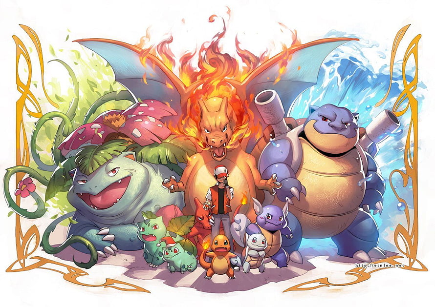 Pokémon Evolution Lineup Featuring Charizard, Blastoise, and Venusaur with Trainer HD wallpaper