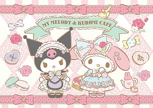 My Melody and Kuromi in Cute Cafe Outfits with Pastel Bows and Treats HD wallpaper