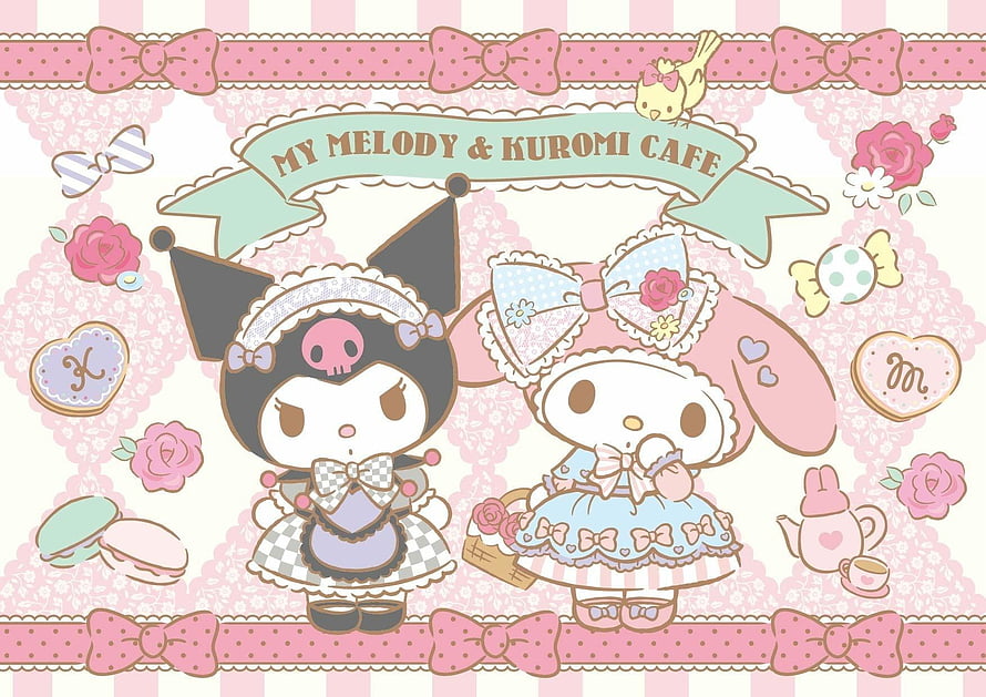 My Melody and Kuromi in Cute Cafe Outfits with Pastel Bows and Treats HD wallpaper