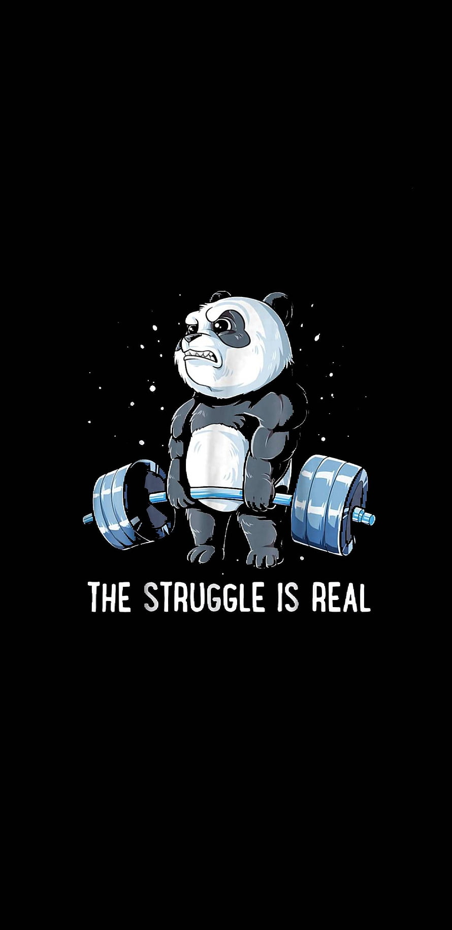 Funny cartoon panda lifting heavy barbell weights with struggle quote on black background HD phone wallpaper