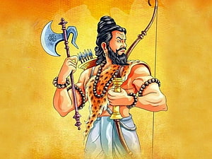Parashuram Warrior Sage Illustration with Axe and Bow on Golden Background HD wallpaper