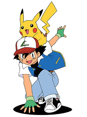 Ash Ketchum and Pikachu in a Dynamic Action Pose with Lightning Bolt HD phone wallpaper