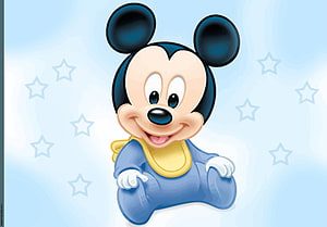 Baby Mickey Mouse in Blue Onesie with Yellow Bib on Starry Background HD wallpaper