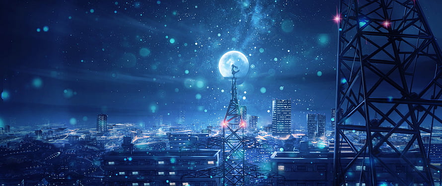 Anime Night Sky Over City With Full Moon And Tower Silhouette HD wallpaper