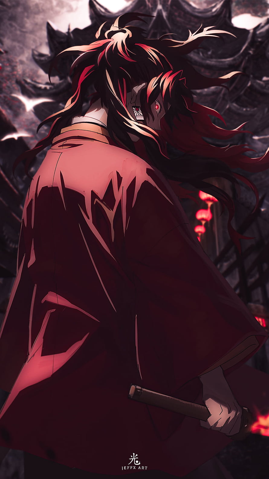 Akaza from Demon Slayer in Red Kimono with Sword HD phone wallpaper