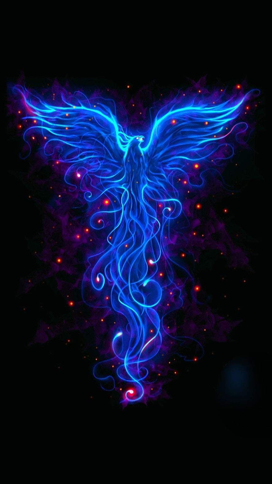 Mystical Blue Phoenix Rising From Purple Flames And Glowing Embers HD phone wallpaper