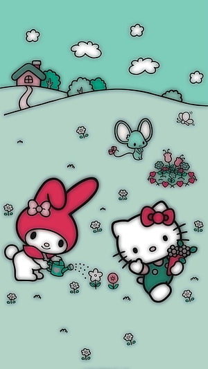 Hello Kitty and My Melody Gardening in a Pastel Meadow with Flowers and a House HD phone wallpaper