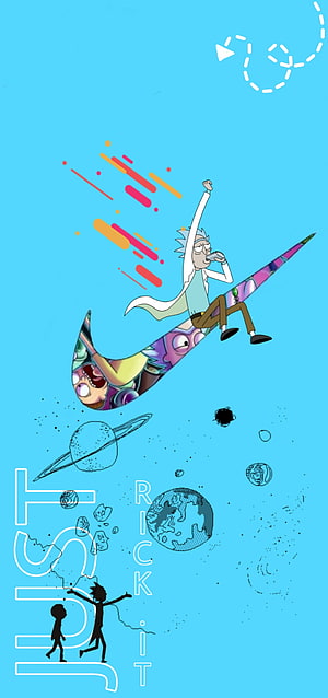 Rick Sanchez Surfing on a Colorful Wave in Space with Rick and Morty Characters HD phone wallpaper