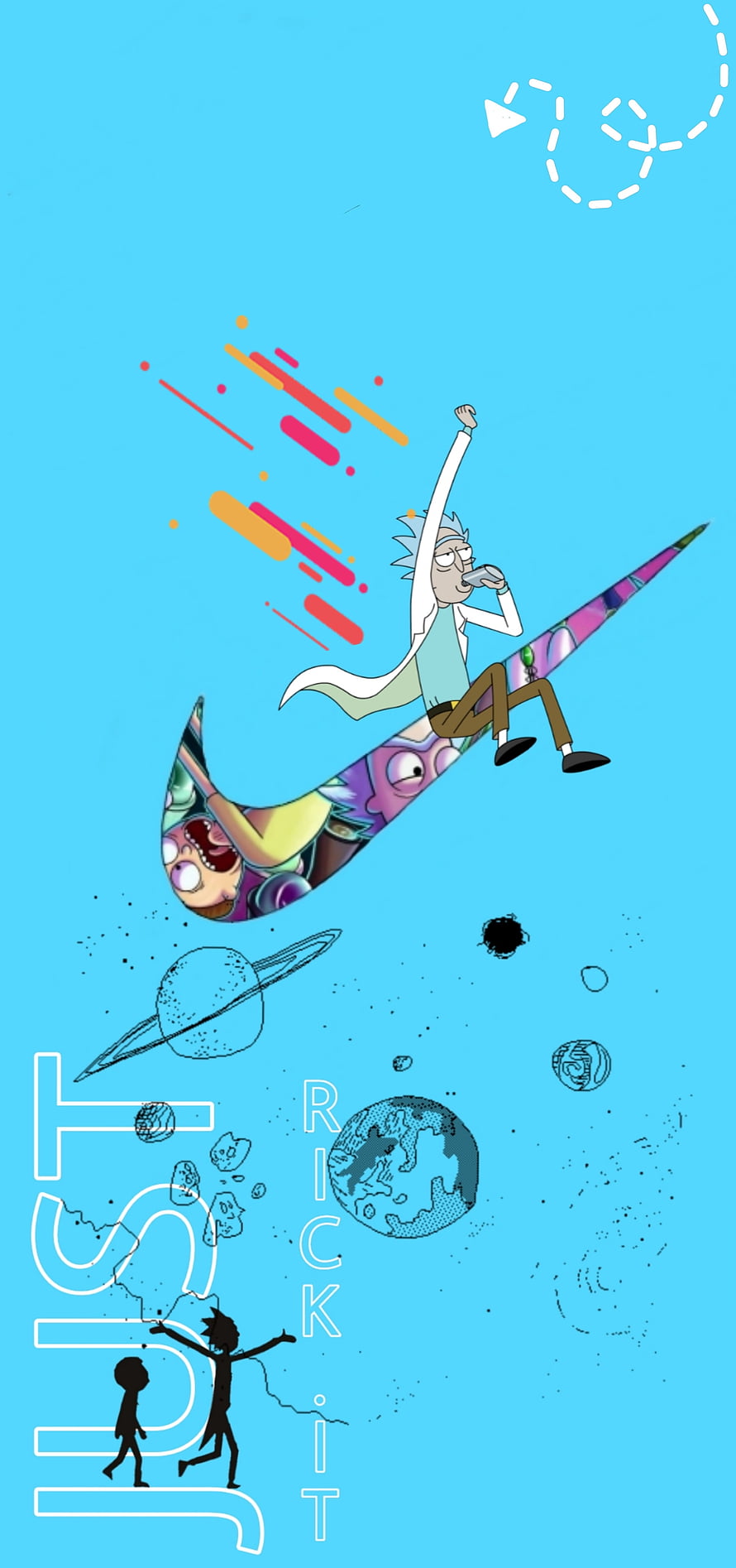 Rick Sanchez Surfing on a Colorful Wave in Space with Rick and Morty Characters HD phone wallpaper