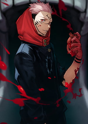 Sukuna from Jujutsu Kaisen in a dark red-hooded sorcerer outfit with blood splatter HD phone wallpaper