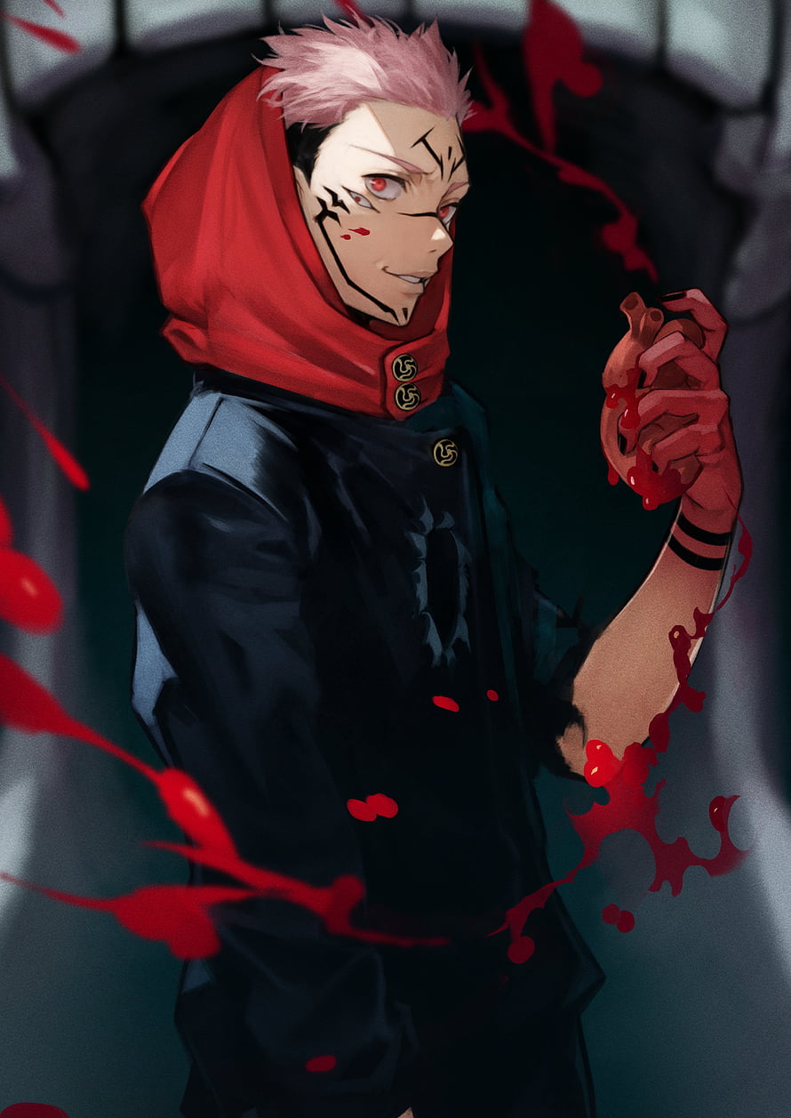 Sukuna from Jujutsu Kaisen in a dark red-hooded sorcerer outfit with blood splatter HD phone wallpaper