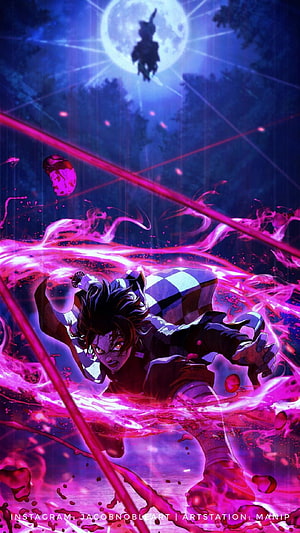 Tanjiro Kamado in Demon Slayer Demon Form with Pink Energy Aura and Full Moon HD phone wallpaper