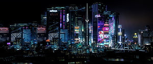 Futuristic Cyberpunk Cityscape at Night with Neon Skyscrapers and Digital Billboards HD wallpaper