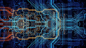Neon Circuit Board Pattern with Glowing Blue and Orange Traces on Black Background HD wallpaper
