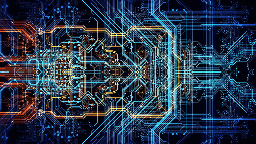 Neon Circuit Board Pattern with Glowing Blue and Orange Traces on Black Background HD wallpaper