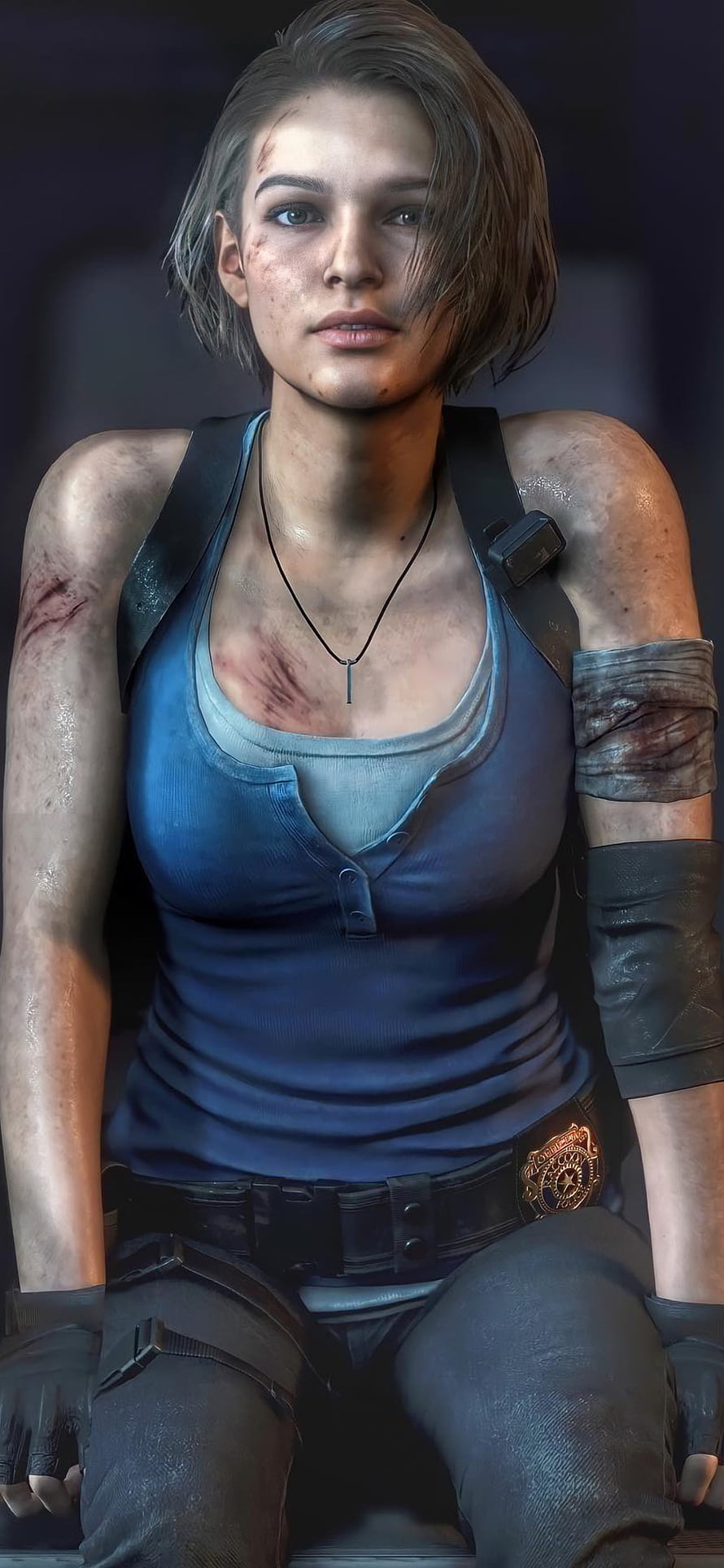 Realistic Jill Valentine Portrait in Blue Tank Top and Police Gear HD phone wallpaper